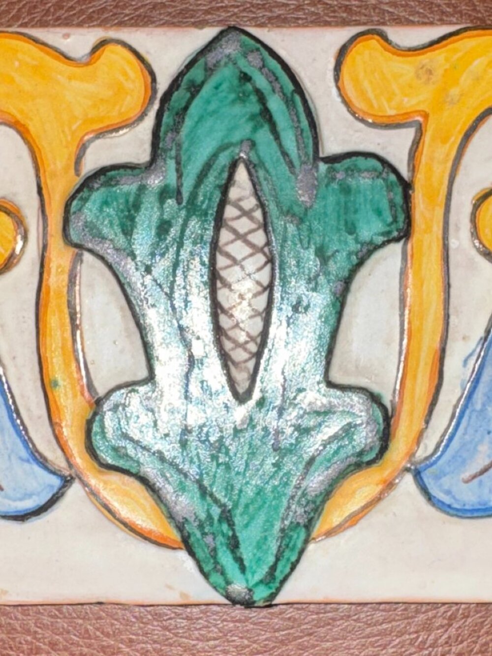 Antique-Style Art Nouveau Relief Ceramic Tile 4x4", Green Fleur-de-Lis & Scroll